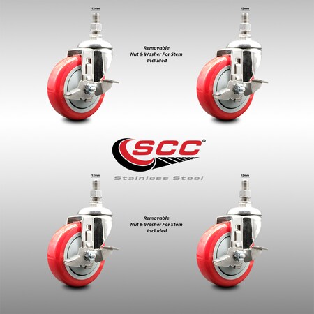 Service Caster 4 Inch 316SS Red Polyurethane Swivel 12mm Threaded Stem Caster Set Brake SS316TS20S414-PPUB-RED-TLB-M1215-4